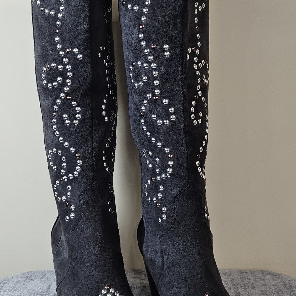 Studded Black Suede Knee-High Heeled Boots - Picture 8 of 12